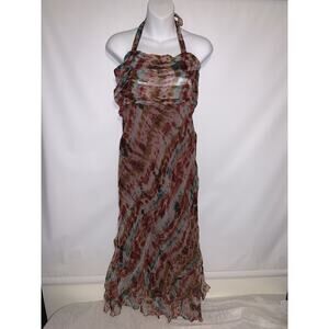 Papillon Y2K Purple Floral Mesh Halter Smock Dress Chiffon Ruffle Size Medium